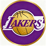 洛杉矶湖人队紫金配色篮球标志，经典圆形队徽中的Lakers字样